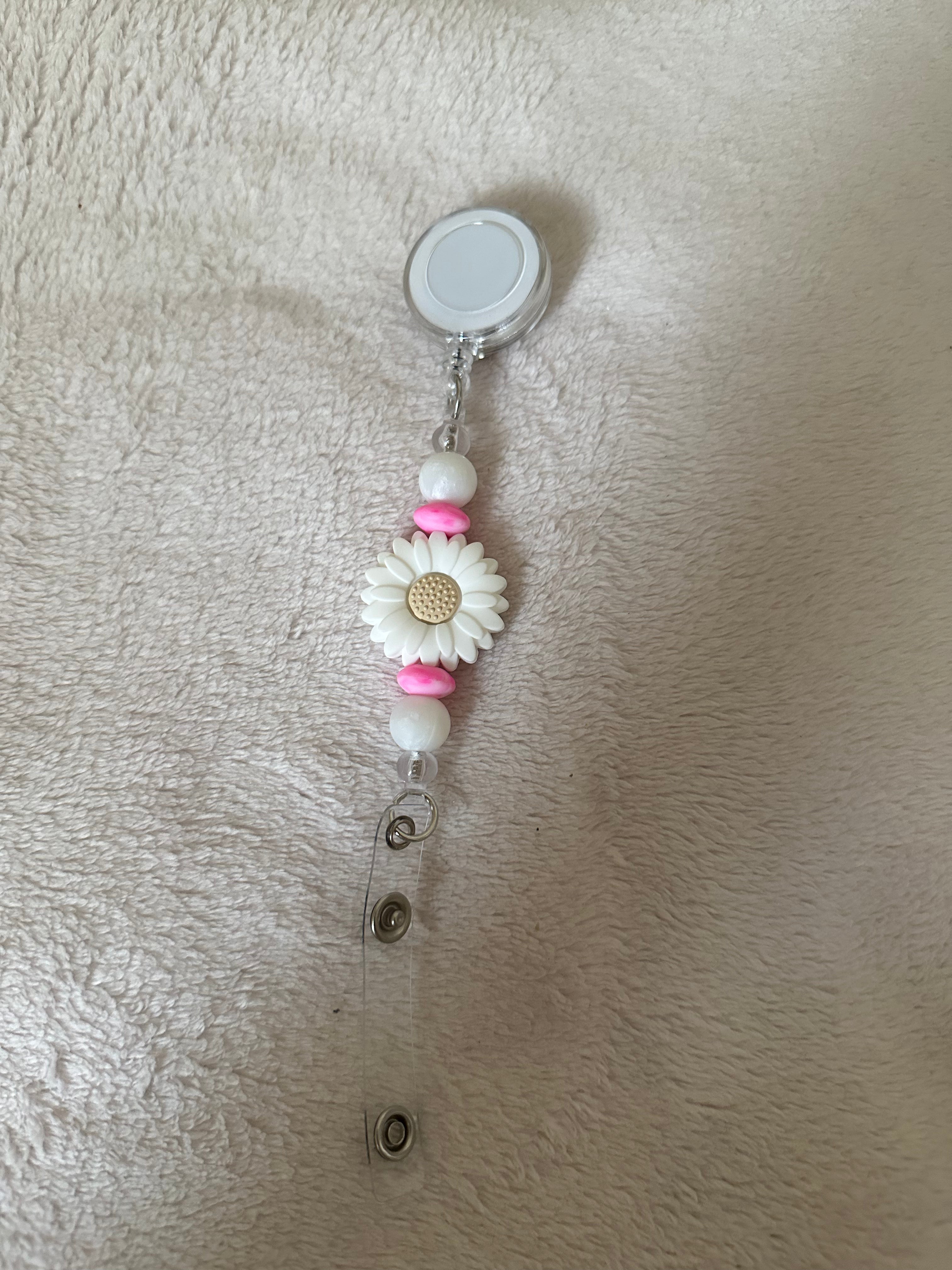 White floral retractable ID holder